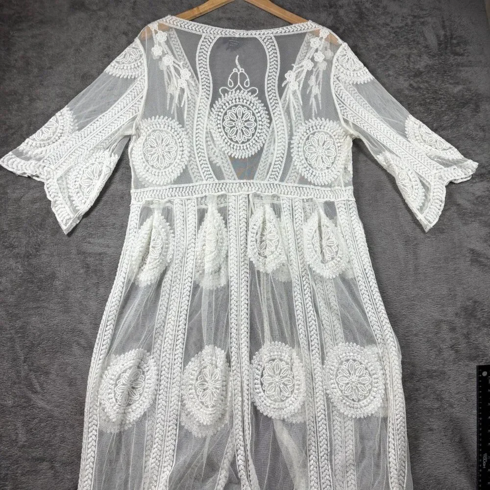 Liv Los Angeles Women Sheer Kimono Swim Cover Lace Open Tie Front Ivory LG L126